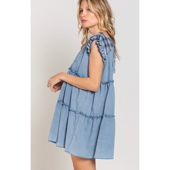 POL V Neck Ruffle Sleeve Denim Babydoll Dress with Plaid - Picture 2 of 5